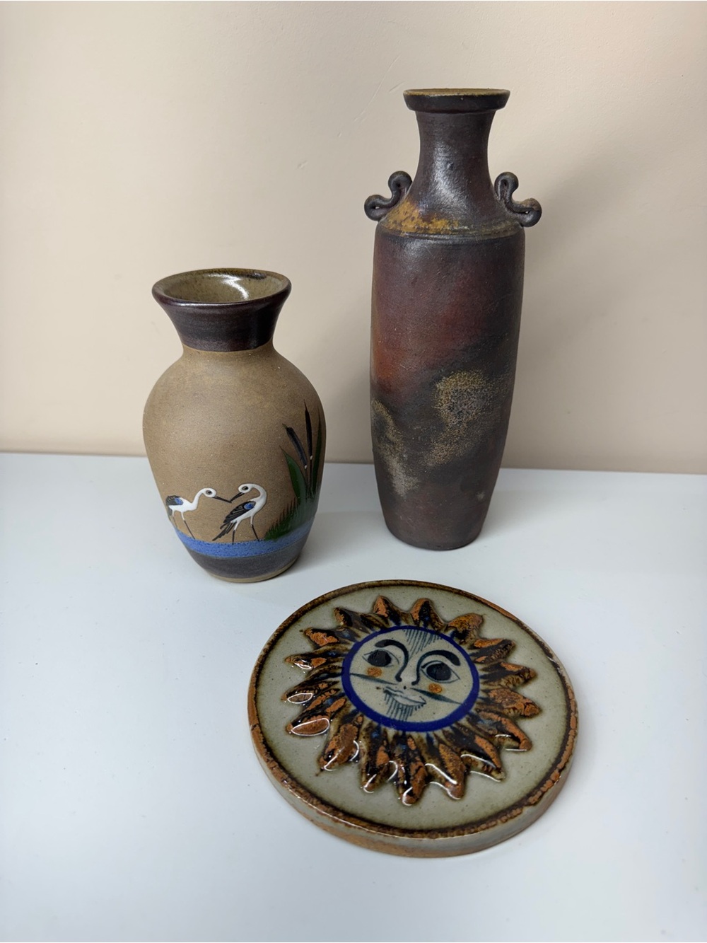 Tonala Mexico Vase & Sun wall hang plaque and a fire Decorative Vase